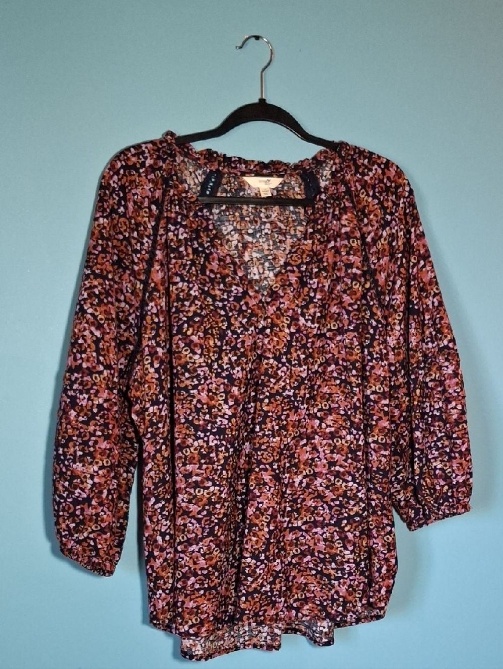 Terra & Sky Pink and Black Floral Peasant Blouse